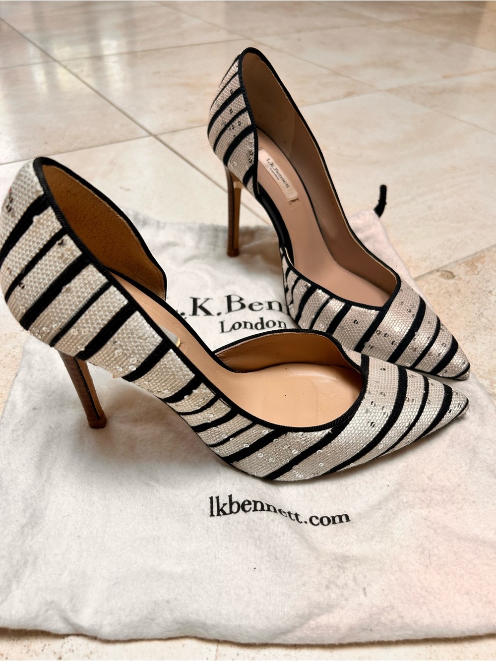 LK Bennett Black and White Striped Pointed Pumps